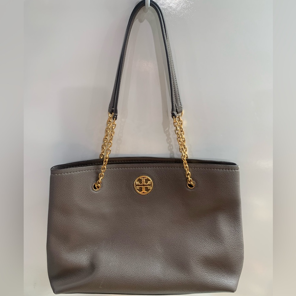 Tory Burch Carson tote silver maple Shoulder Bag with Gold Accents like new